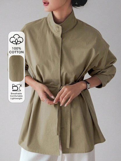 Dazy-Less Loose Business Casual Long Sleeve Shirt For Women, With Drawstring Waist Design, Suitable For Office, Commuting, Spring/Summer/Autumn
