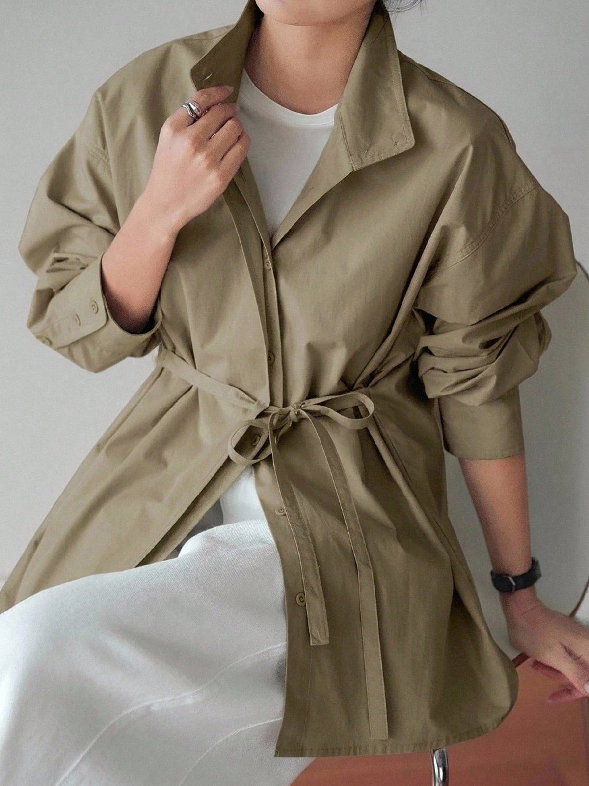 Dazy-Less Loose Business Casual Long Sleeve Shirt For Women, With Drawstring Waist Design, Suitable For Office, Commuting, Spring/Summer/Autumn