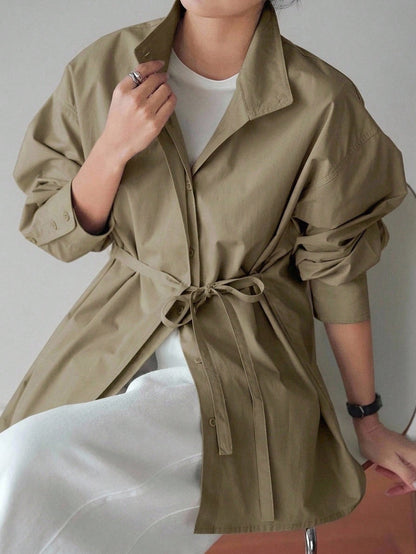 Dazy-Less Loose Business Casual Long Sleeve Shirt For Women, With Drawstring Waist Design, Suitable For Office, Commuting, Spring/Summer/Autumn