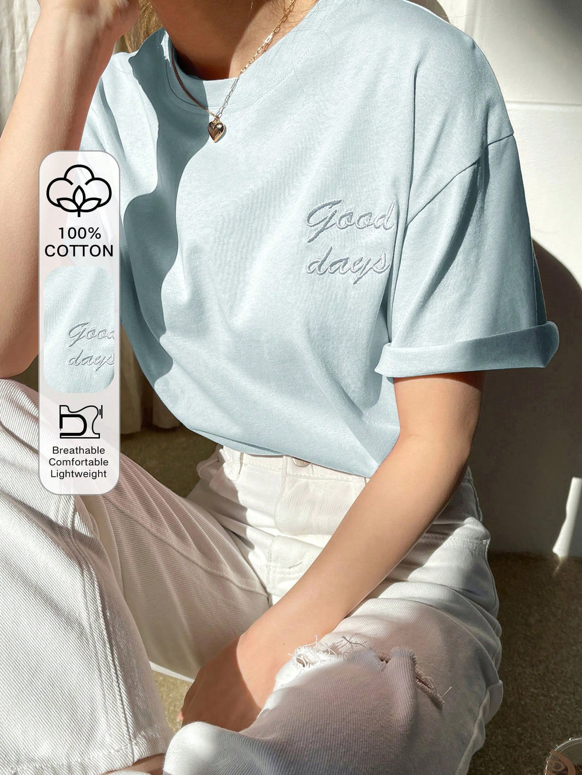 DAZY Letter Embroidery Drop Shoulder Tee Summer Preppy Tops