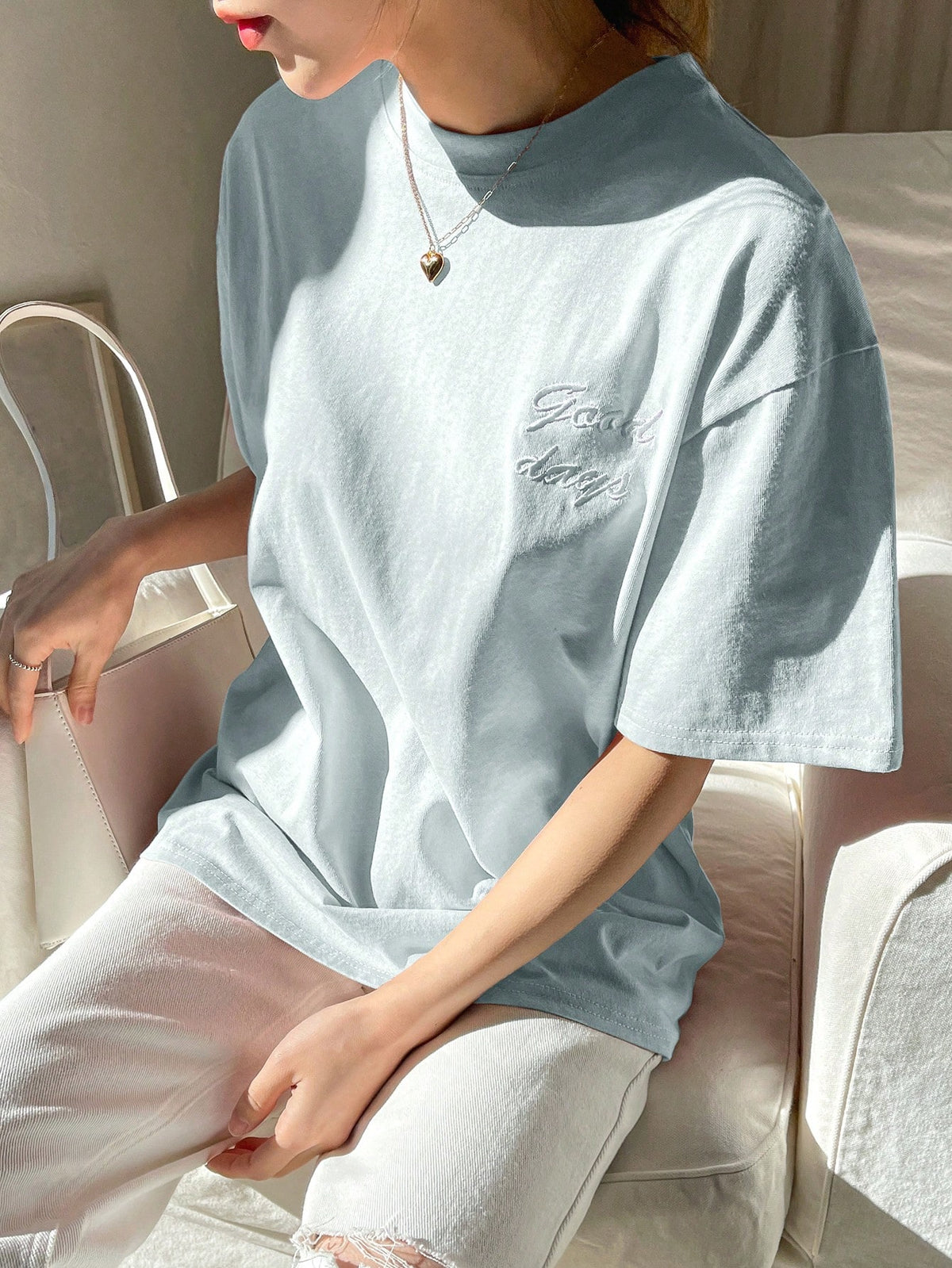 DAZY Letter Embroidery Drop Shoulder Tee Summer Preppy Tops