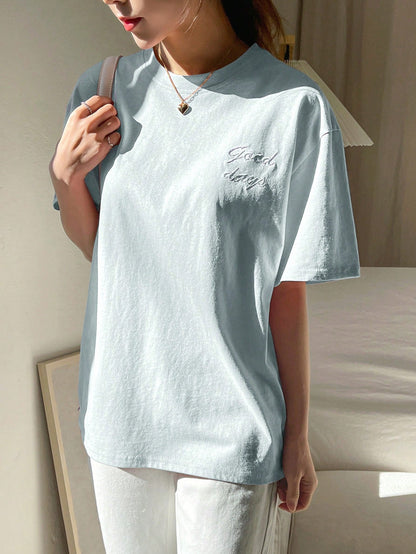 DAZY Letter Embroidery Drop Shoulder Tee Summer Preppy Tops