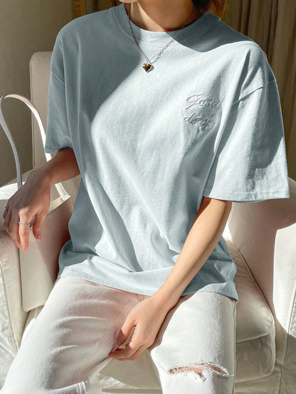 DAZY Letter Embroidery Drop Shoulder Tee Summer Preppy Tops