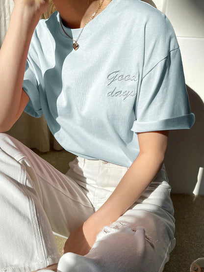 DAZY Letter Embroidery Drop Shoulder Tee Summer Preppy Tops