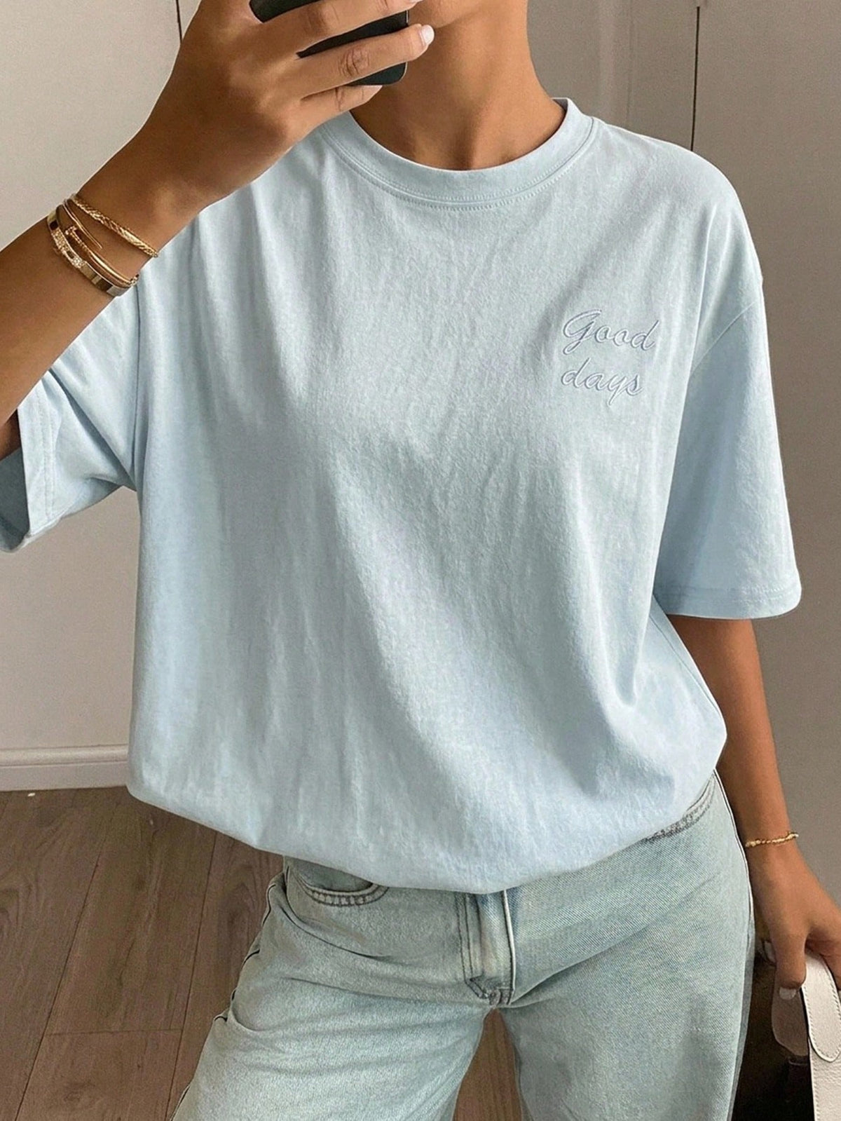 DAZY Letter Embroidery Drop Shoulder Tee Summer Preppy Tops