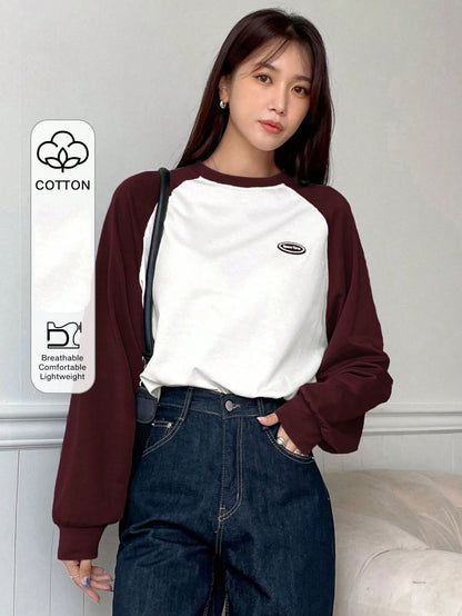 DAZY Letter Patched Colorblock Raglan Sleeve Tee Jersey,Fall Clothes Long Sleeve Women Tops