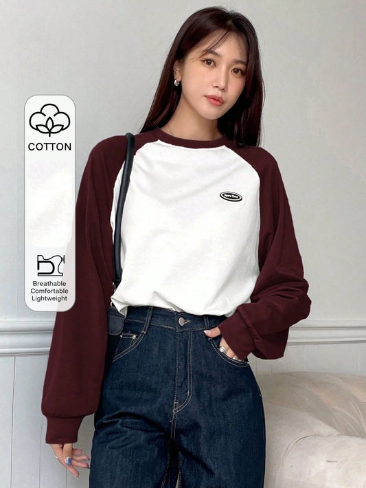 DAZY Letter Patched Colorblock Raglan Sleeve Tee Jersey,Fall Clothes Long Sleeve Women Tops