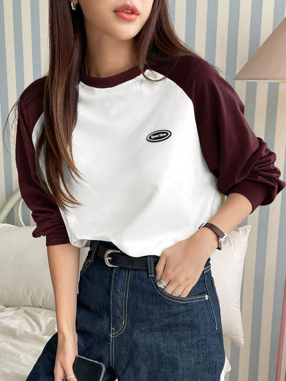 DAZY Letter Patched Colorblock Raglan Sleeve Tee Jersey,Fall Clothes Long Sleeve Women Tops