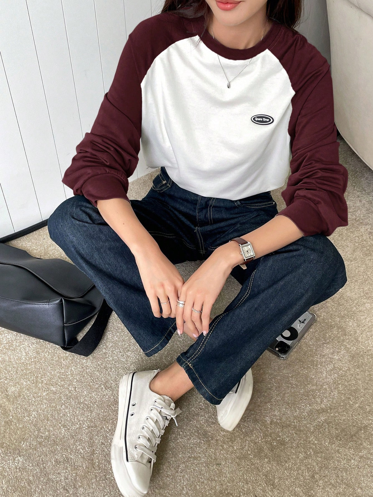 DAZY Letter Patched Colorblock Raglan Sleeve Tee Jersey,Fall Clothes Long Sleeve Women Tops