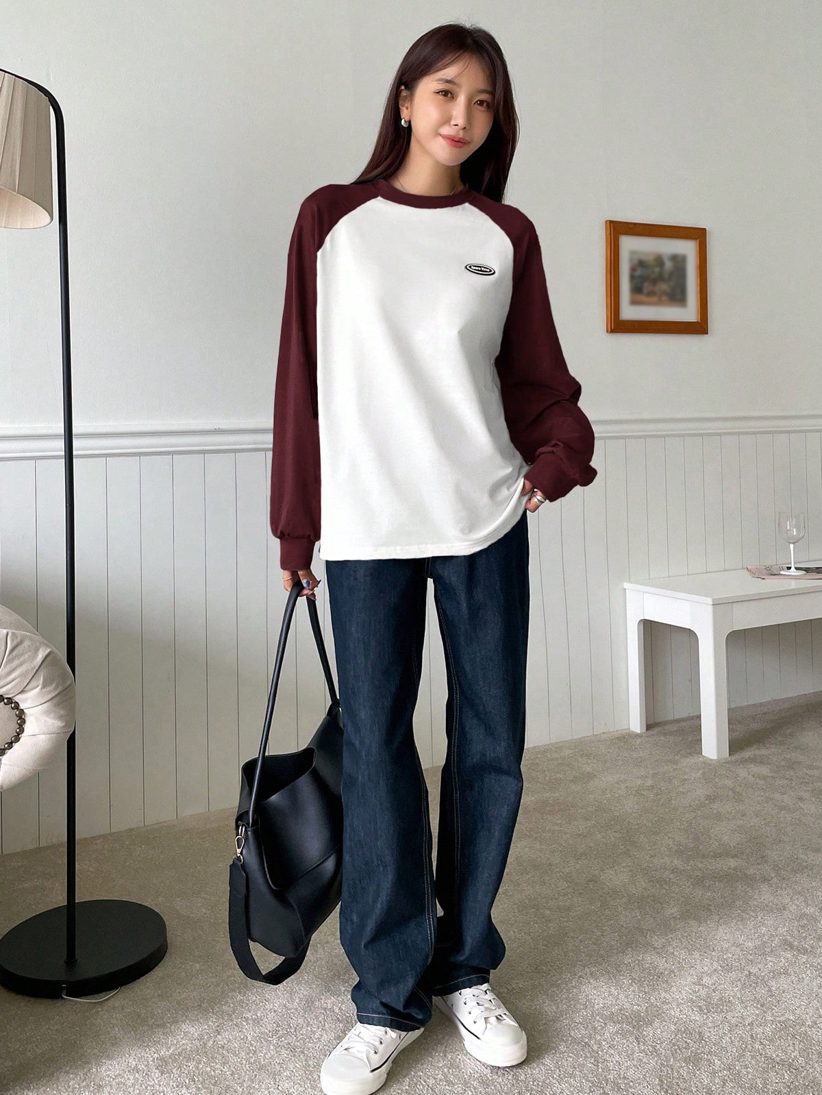 DAZY Letter Patched Colorblock Raglan Sleeve Tee Jersey,Fall Clothes Long Sleeve Women Tops