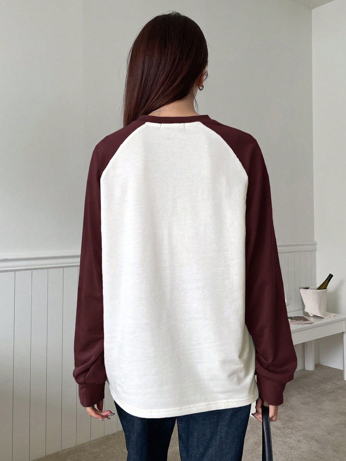 DAZY Letter Patched Colorblock Raglan Sleeve Tee Jersey,Fall Clothes Long Sleeve Women Tops