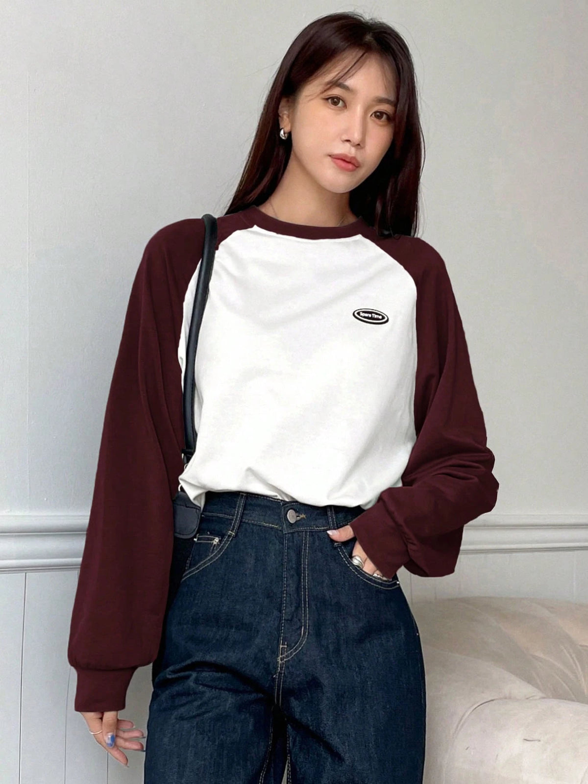 DAZY Letter Patched Colorblock Raglan Sleeve Tee Jersey,Fall Clothes Long Sleeve Women Tops