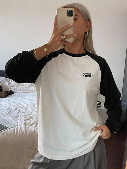 DAZY Letter Patched Colorblock Raglan Sleeve Tee Jersey,Fall Clothes Long Sleeve Women Tops