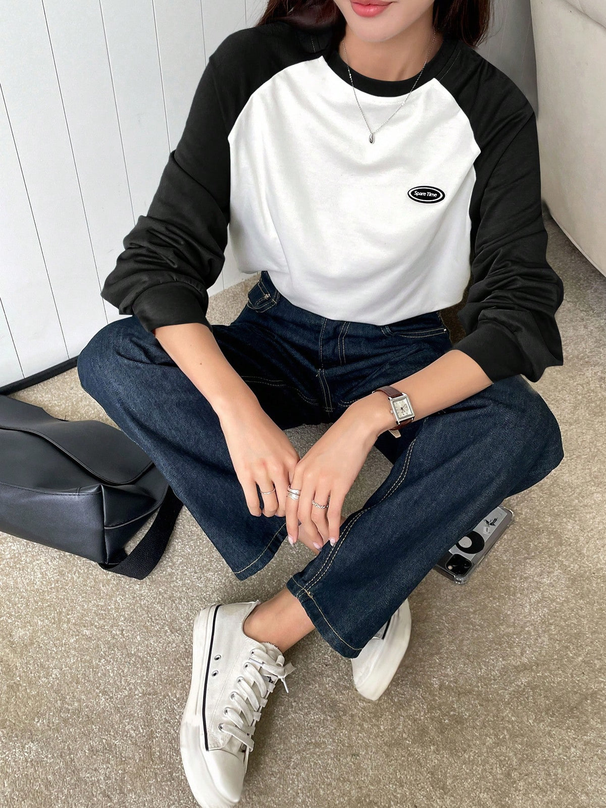 DAZY Letter Patched Colorblock Raglan Sleeve Tee Jersey,Fall Clothes Long Sleeve Women Tops