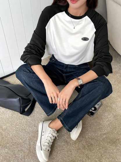 DAZY Letter Patched Colorblock Raglan Sleeve Tee Jersey,Fall Clothes Long Sleeve Women Tops