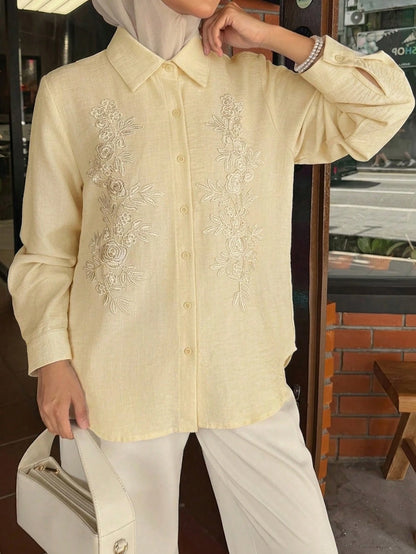 DAZY Spring Summer Autumn Loose Casual Women's Shirt With Turn-Down Collar, Long Sleeve, Yellow Floral Embroidery Decoration Vacation Thin Clothing