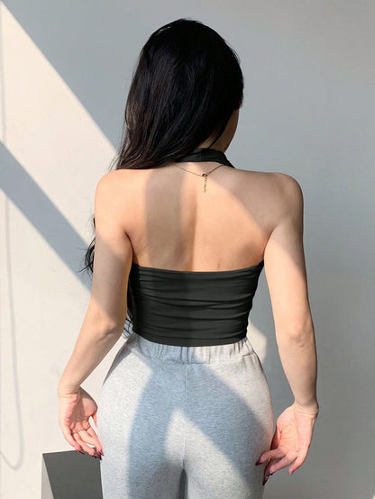 DAZY Spring/Summer Black Padded Spaghetti Strap Strapless Backless Camisole Top, Short Design, Music Festival, Valentine's Day, Wedding, Casual, Vacation, Beach, Slim Fit Women's Tank Top