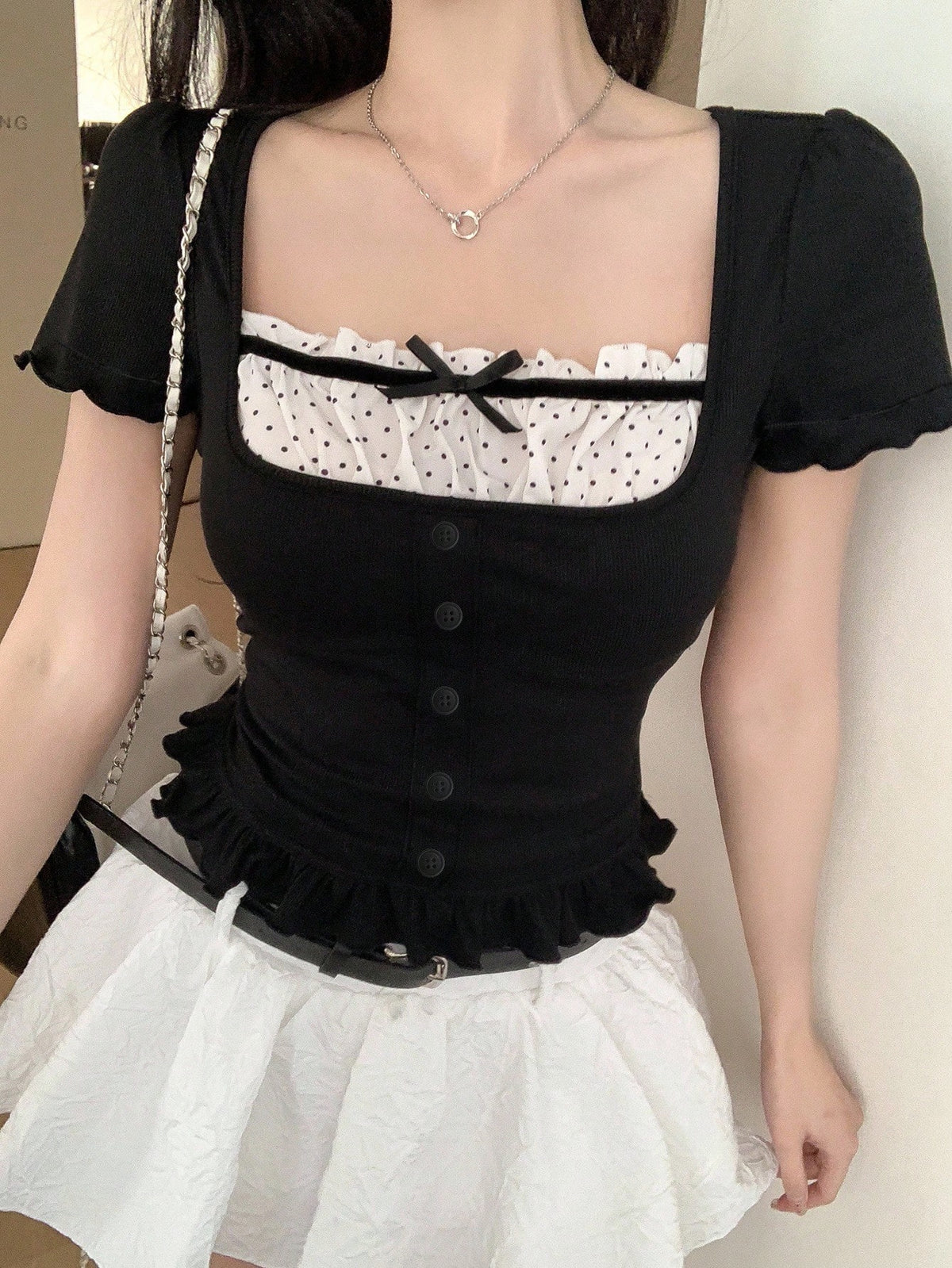 DAZY Women Contrast Color Bow Casual Short Sleeve T-Shirt Summer Babydoll Top Cute Tops
