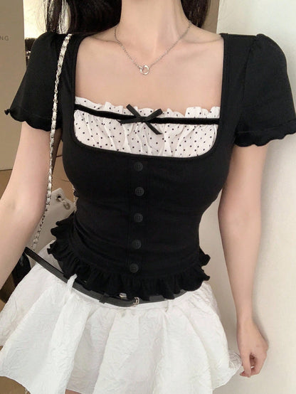 DAZY Women Contrast Color Bow Casual Short Sleeve T-Shirt Summer Babydoll Top Cute Tops