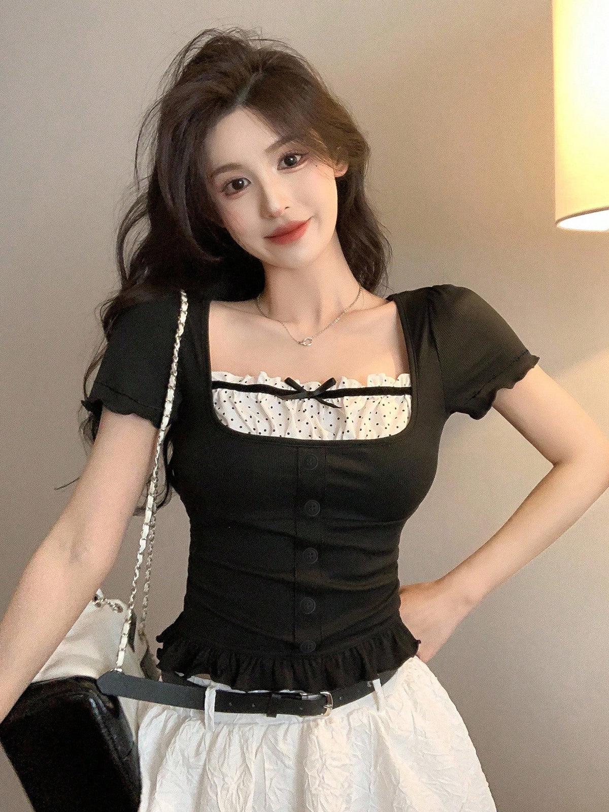 DAZY Women Contrast Color Bow Casual Short Sleeve T-Shirt Summer Babydoll Top Cute Tops