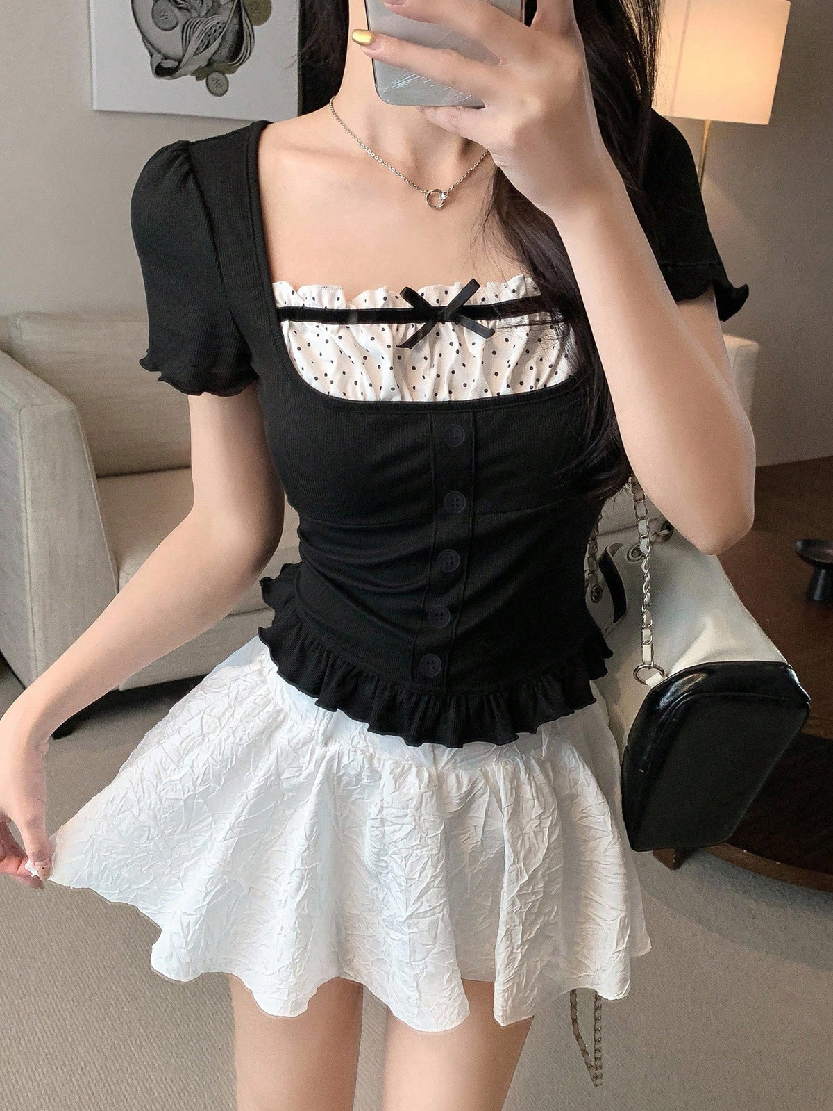 DAZY Women Contrast Color Bow Casual Short Sleeve T-Shirt Summer Babydoll Top Cute Tops