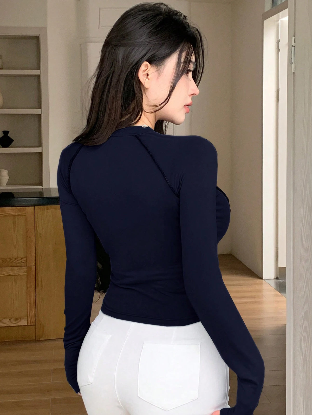 DAZY Women Mock Neck Letter Print Long Sleeve Fitted T-Shirt With Seam Detail,Fall Clothes Preppy Tops Turtleneck Women