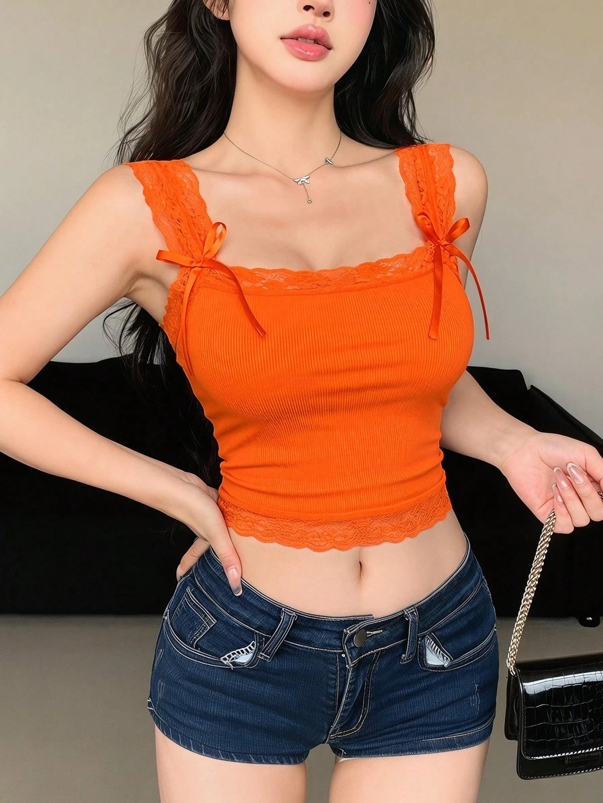 DAZY Women's Lace Patchwork Bow Decor Fitted Casual Top Summer Cute Top