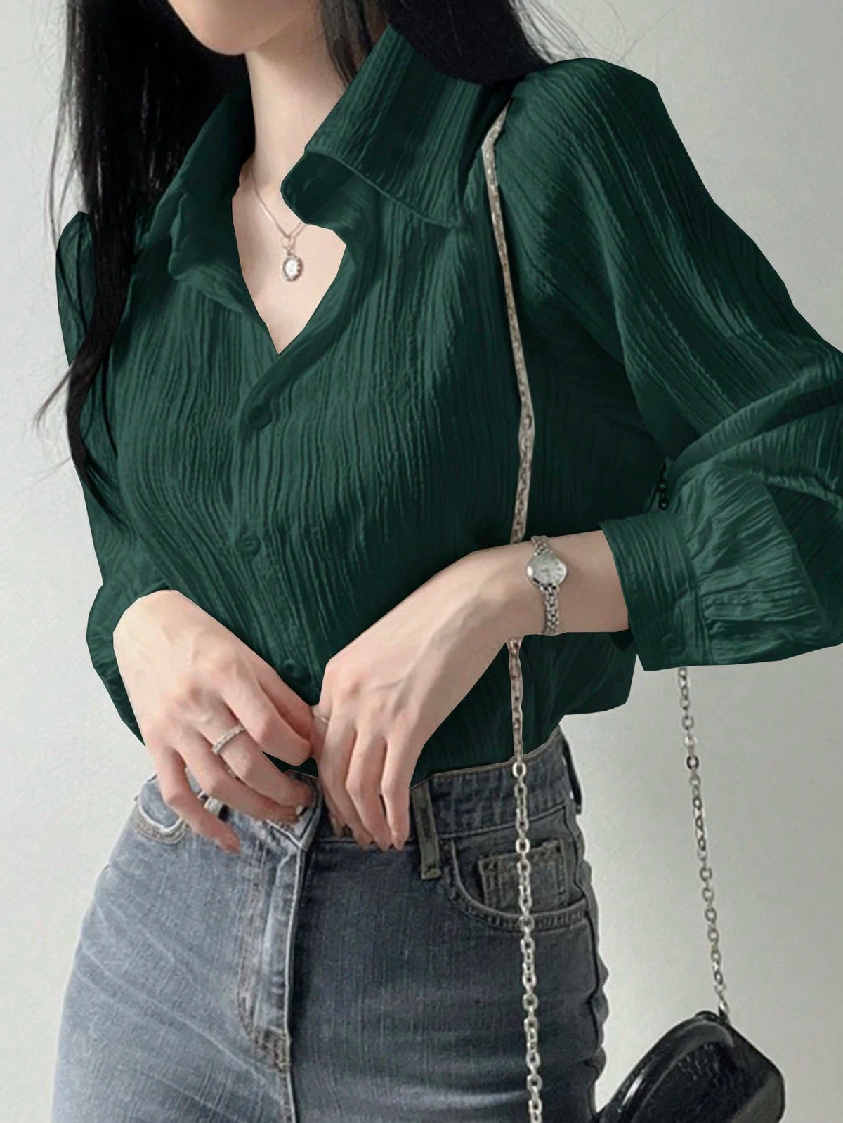 DAZY Women's Pleated Solid Color Lapel Loose Blouse, Olive Green, Spring/Summer/Autumn,Fall Women Clothes Long Sleeve Top