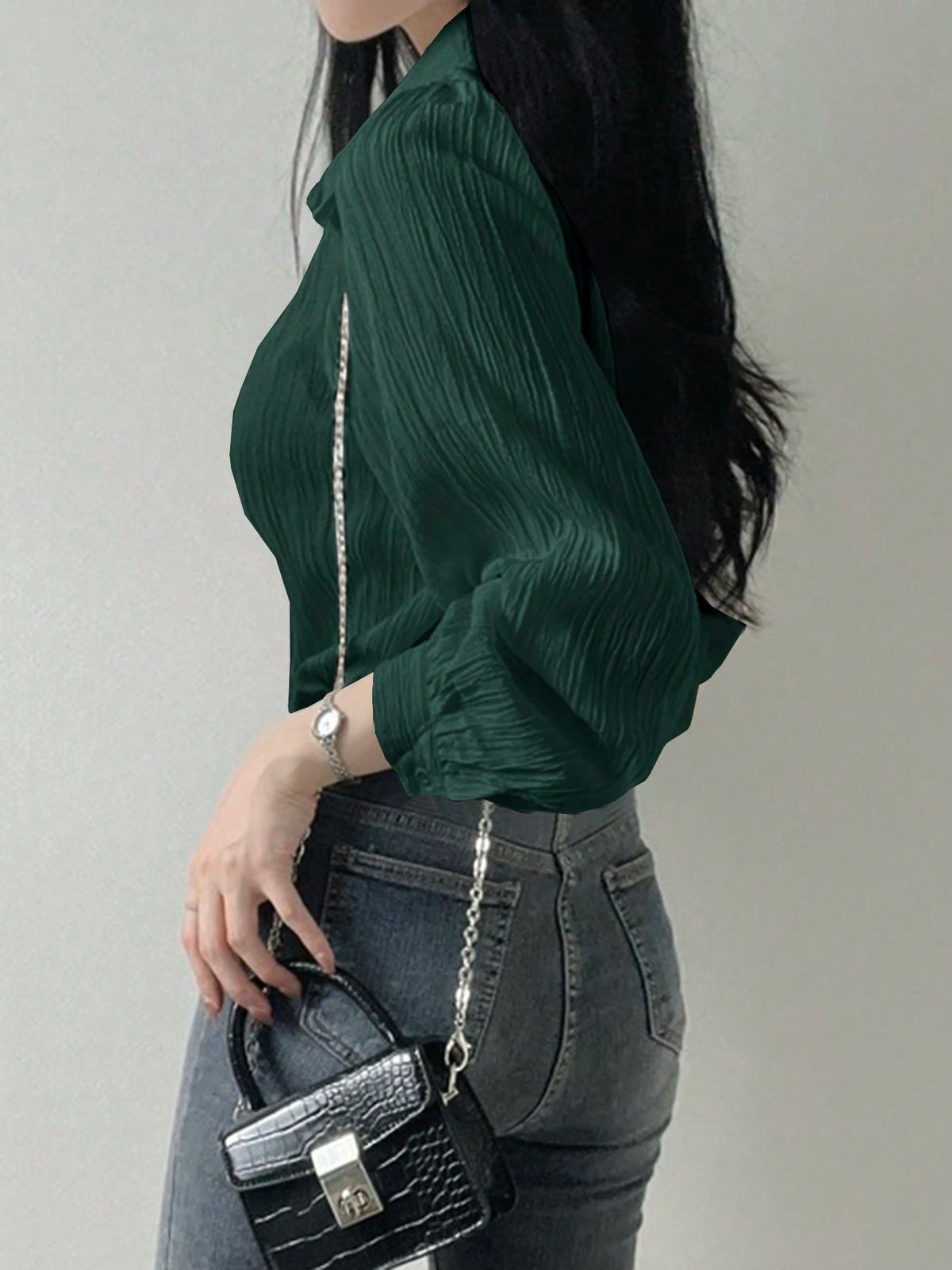 DAZY Women's Pleated Solid Color Lapel Loose Blouse, Olive Green, Spring/Summer/Autumn,Fall Women Clothes Long Sleeve Top