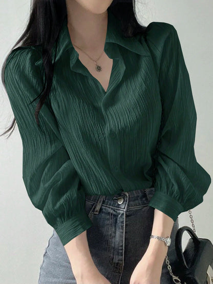 DAZY Women's Pleated Solid Color Lapel Loose Blouse, Olive Green, Spring/Summer/Autumn,Fall Women Clothes Long Sleeve Top
