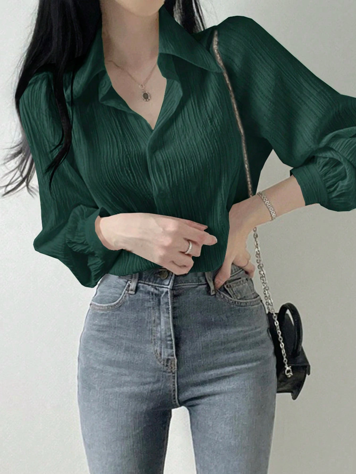 DAZY Women's Pleated Solid Color Lapel Loose Blouse, Olive Green, Spring/Summer/Autumn,Fall Women Clothes Long Sleeve Top