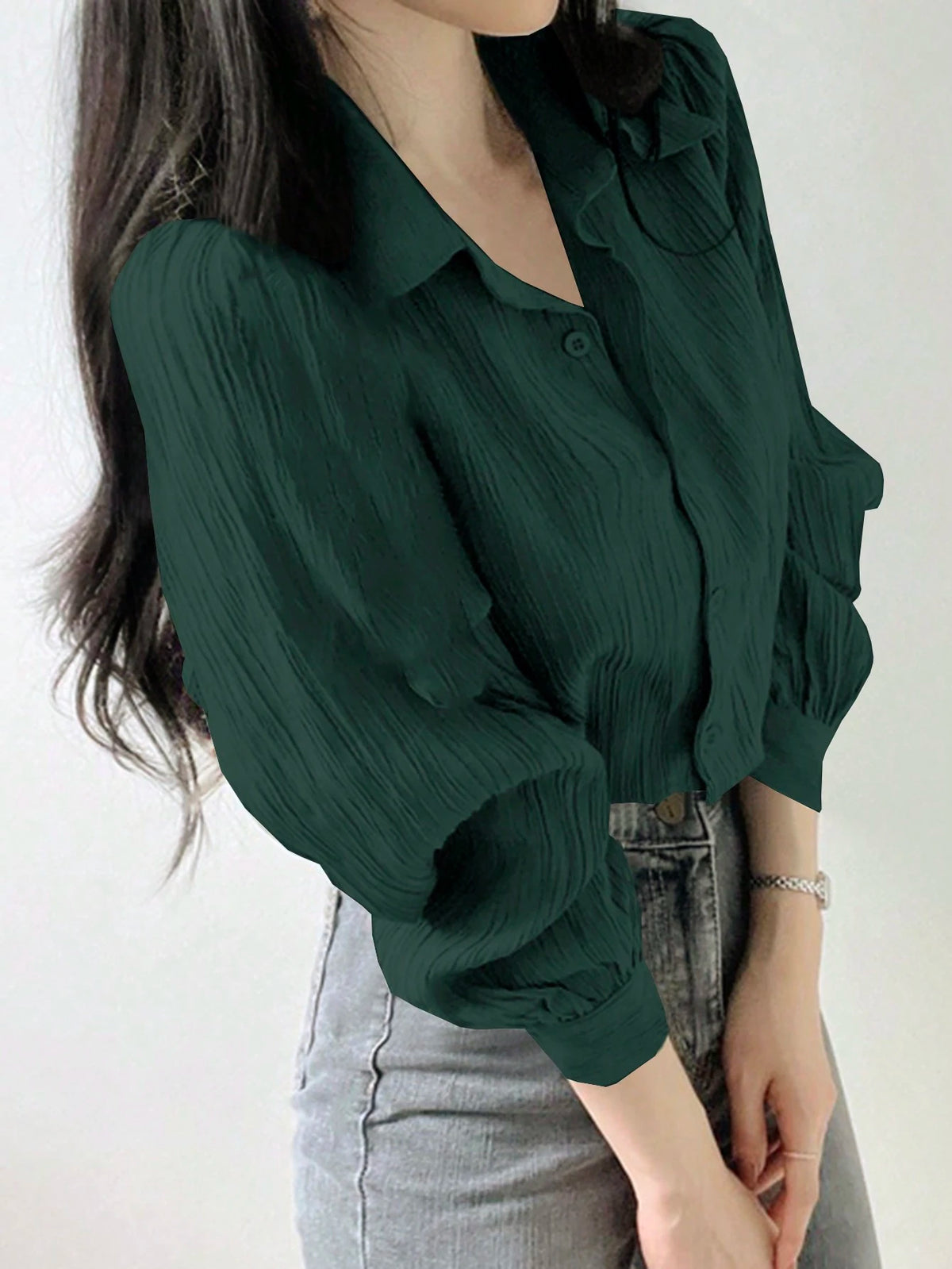 DAZY Women's Pleated Solid Color Lapel Loose Blouse, Olive Green, Spring/Summer/Autumn,Fall Women Clothes Long Sleeve Top