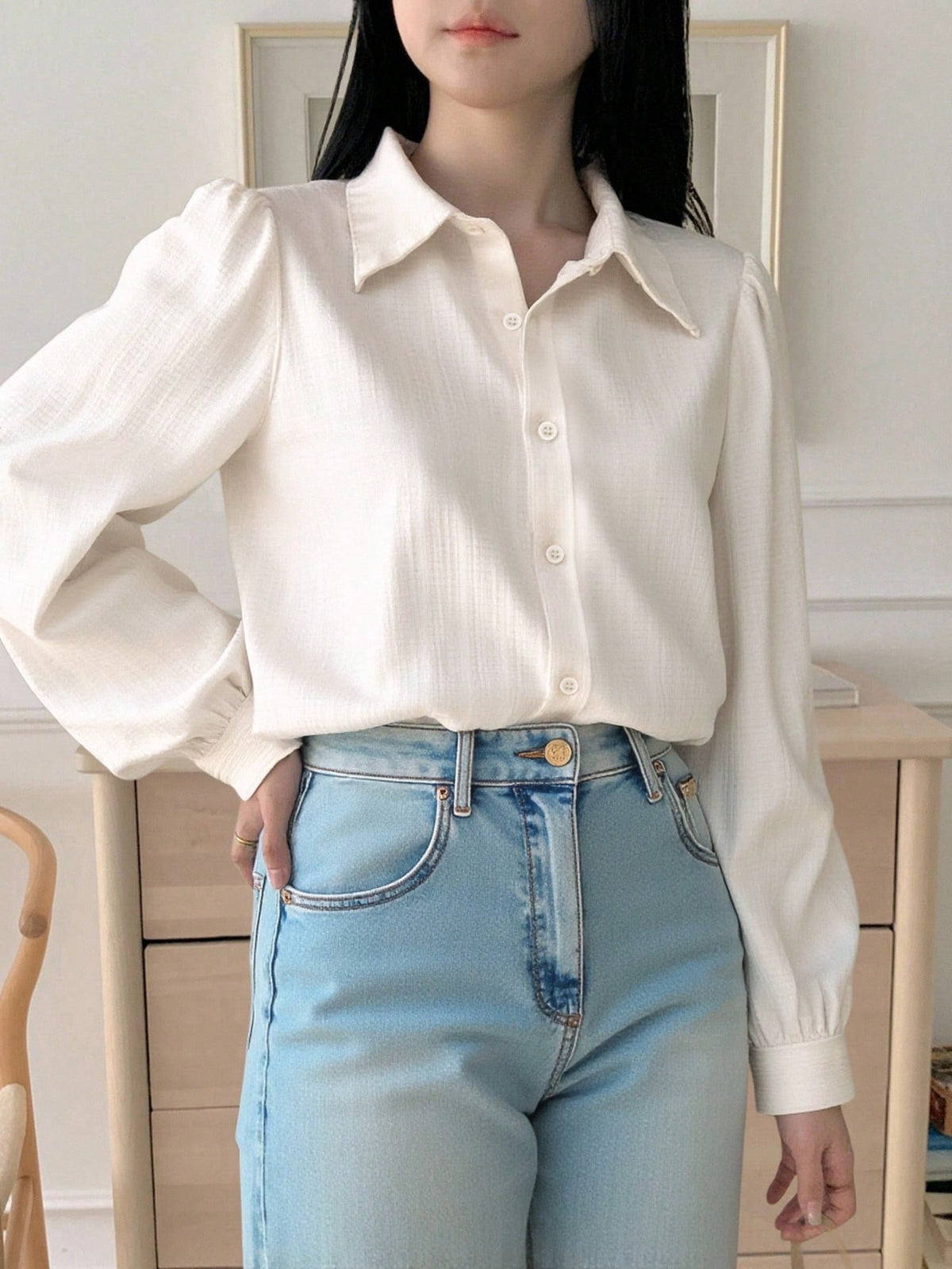 DAZY Women's Pleated Solid Color Lapel Loose Blouse, Olive Green, Spring/Summer/Autumn,Fall Women Clothes Long Sleeve Top