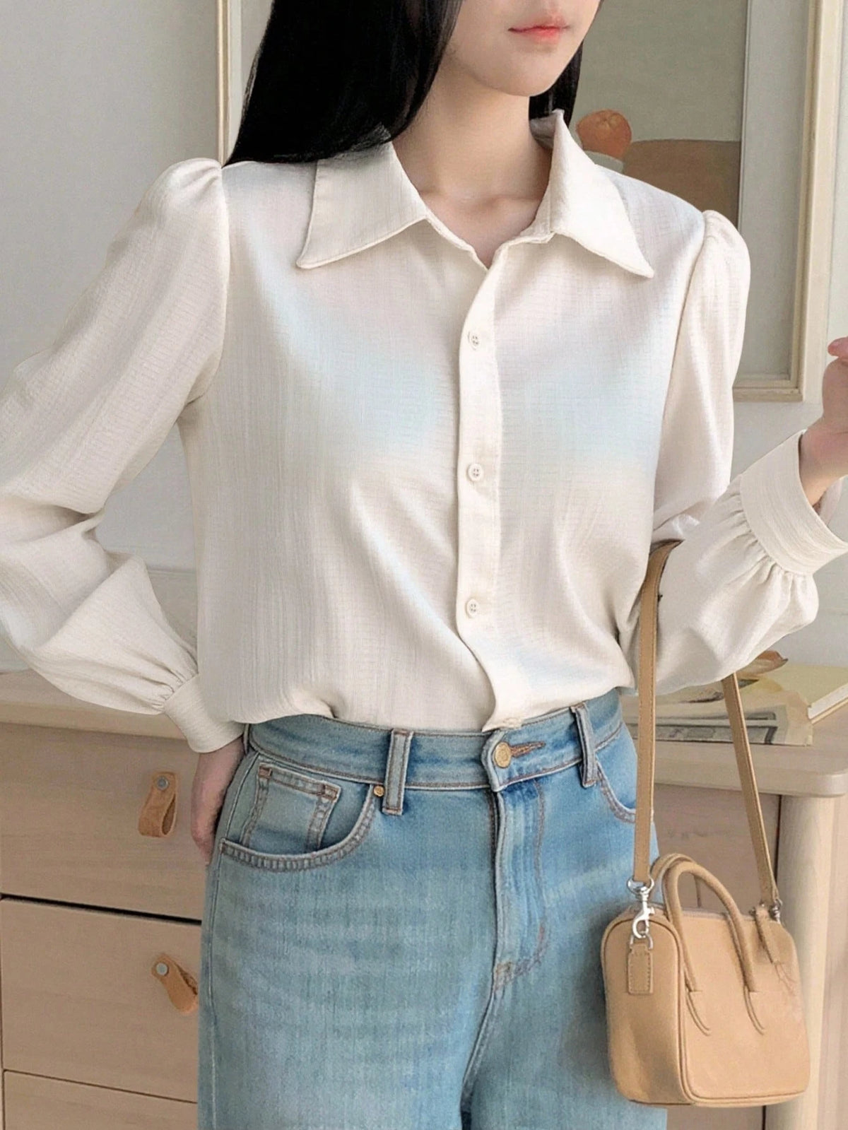 DAZY Women's Pleated Solid Color Lapel Loose Blouse, Olive Green, Spring/Summer/Autumn,Fall Women Clothes Long Sleeve Top