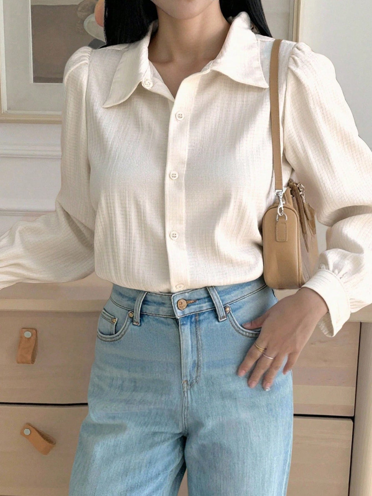 DAZY Women's Pleated Solid Color Lapel Loose Blouse, Olive Green, Spring/Summer/Autumn,Fall Women Clothes Long Sleeve Top