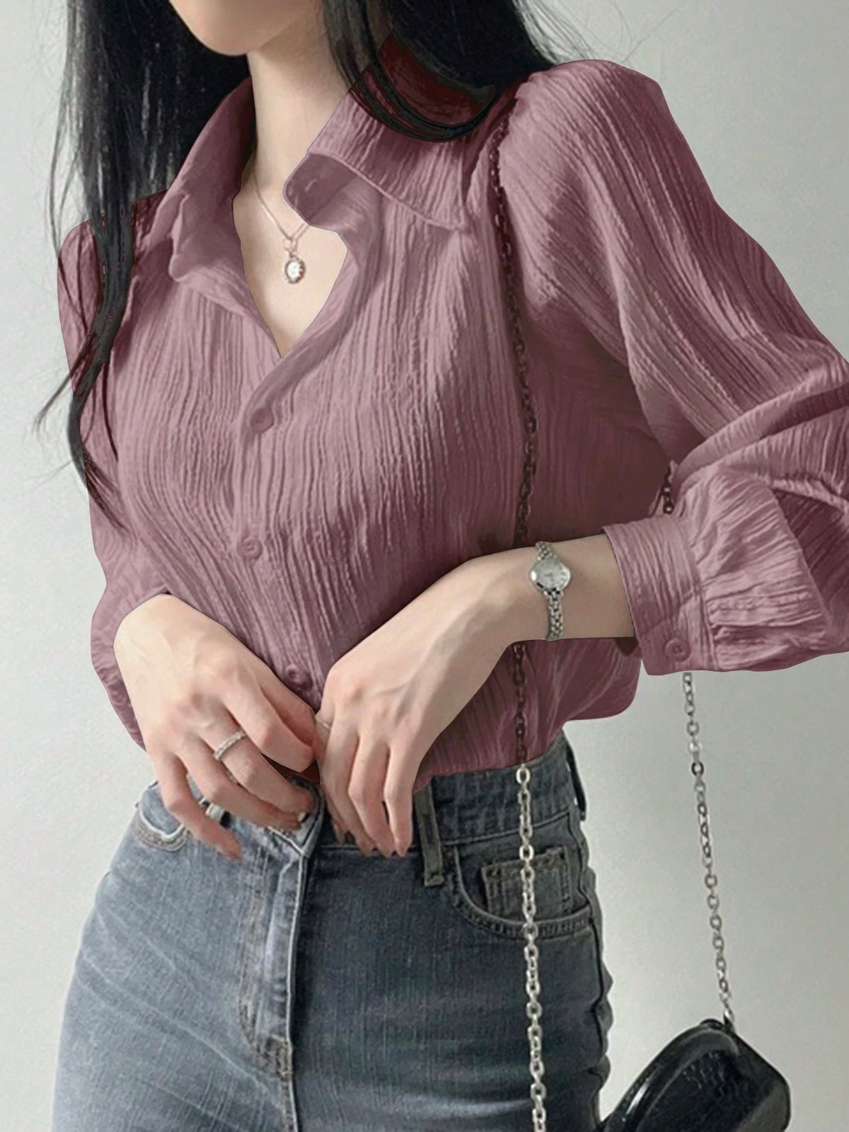 DAZY Women's Pleated Solid Color Loose Turndown Collar Blouse, Purple, Spring/Summer/Autumn,Fall Women Clothes Long Sleeve Top
