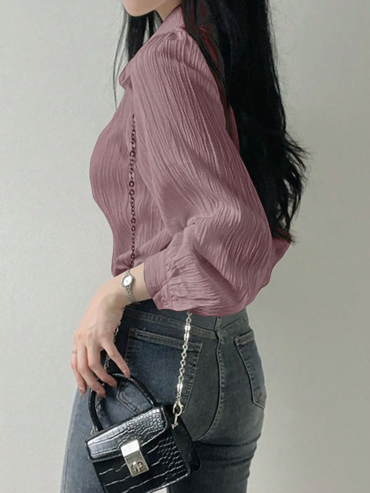 DAZY Women's Pleated Solid Color Loose Turndown Collar Blouse, Purple, Spring/Summer/Autumn,Fall Women Clothes Long Sleeve Top