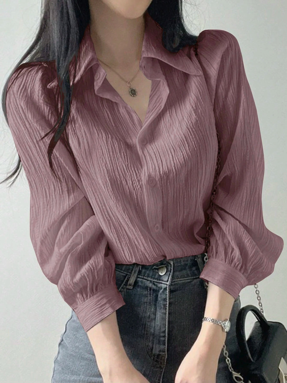 DAZY Women's Pleated Solid Color Loose Turndown Collar Blouse, Purple, Spring/Summer/Autumn,Fall Women Clothes Long Sleeve Top