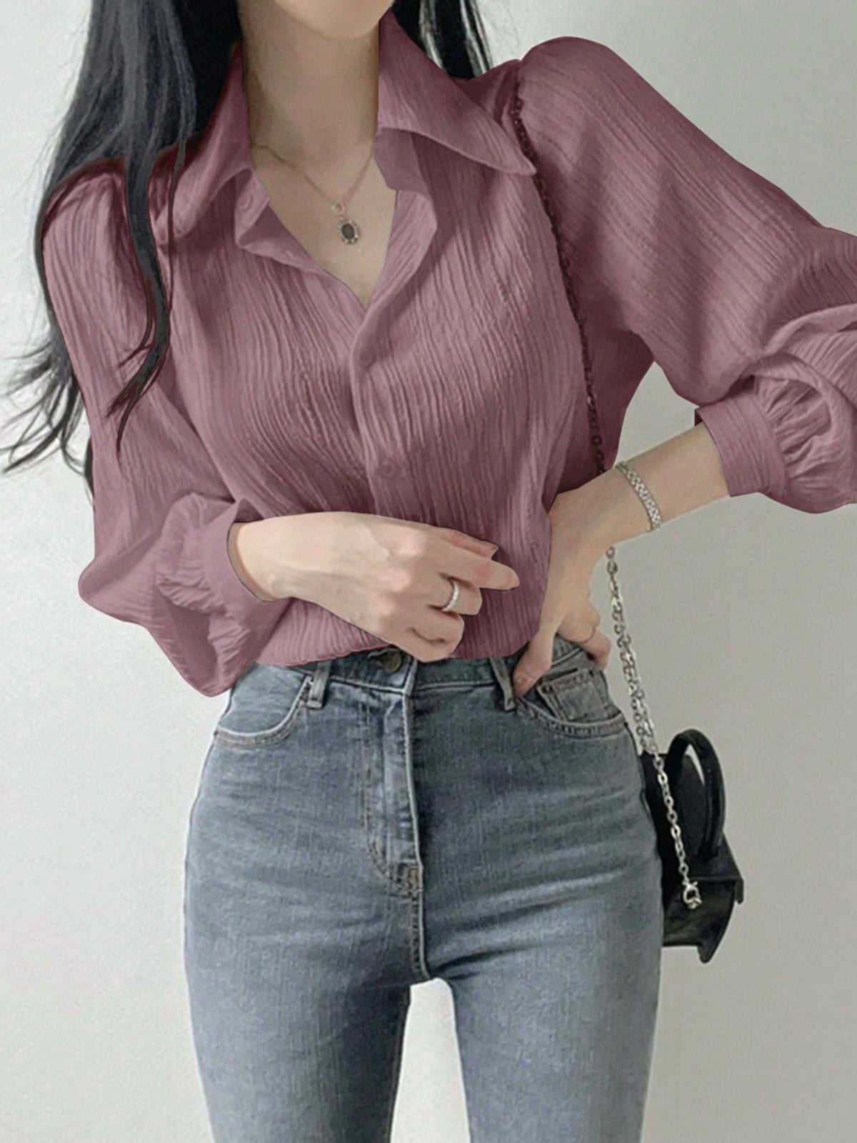DAZY Women's Pleated Solid Color Loose Turndown Collar Blouse, Purple, Spring/Summer/Autumn,Fall Women Clothes Long Sleeve Top