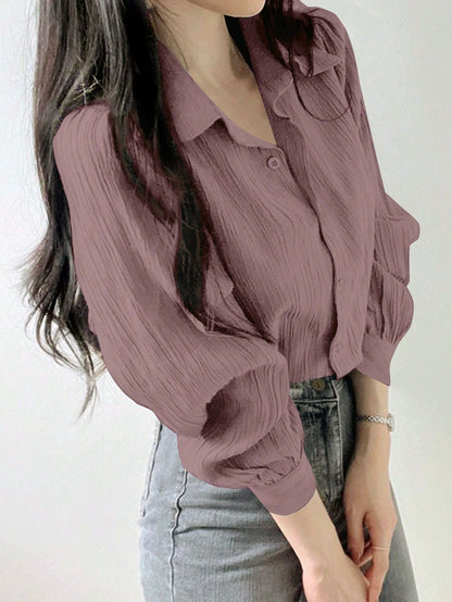 DAZY Women's Pleated Solid Color Loose Turndown Collar Blouse, Purple, Spring/Summer/Autumn,Fall Women Clothes Long Sleeve Top