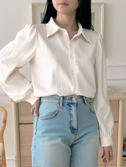 DAZY Women's Pleated Solid Color Loose Turndown Collar Blouse, Purple, Spring/Summer/Autumn,Fall Women Clothes Long Sleeve Top