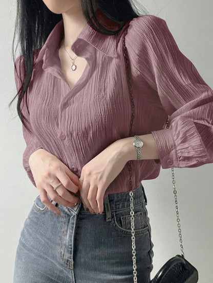 DAZY Women's Pleated Solid Color Loose Turndown Collar Blouse, Purple, Spring/Summer/Autumn,Fall Women Clothes Long Sleeve Top