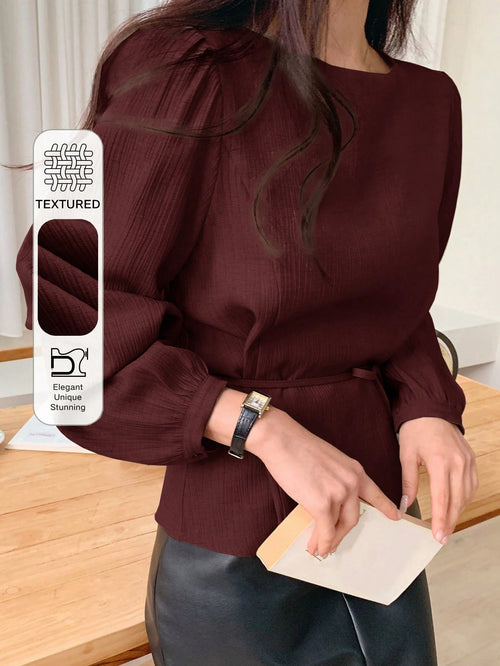 DAZY Women's Solid Color Casual Round Neck Puff Sleeve Blouse, Commuter Shirt Long Sleeve Top