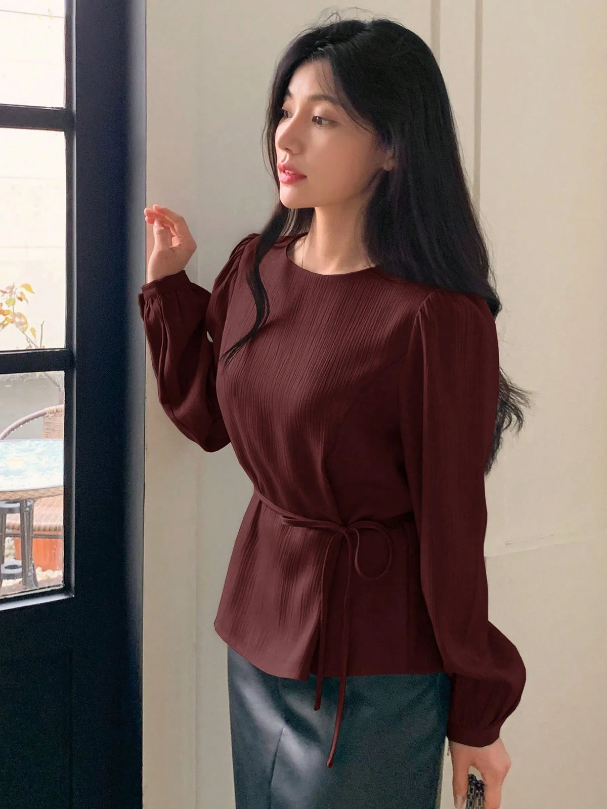 DAZY Women's Solid Color Casual Round Neck Puff Sleeve Blouse, Commuter Shirt Long Sleeve Top