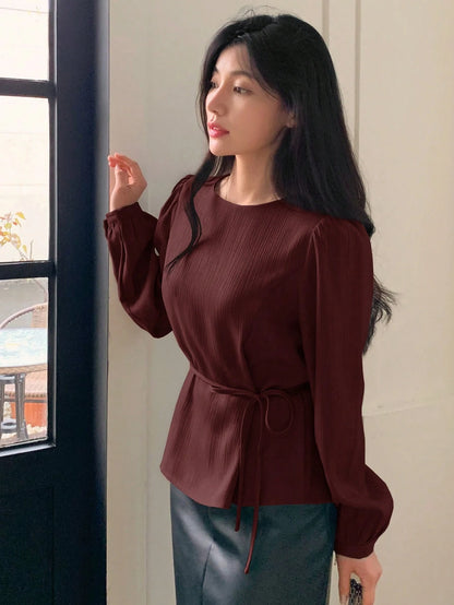 DAZY Women's Solid Color Casual Round Neck Puff Sleeve Blouse, Commuter Shirt Long Sleeve Top