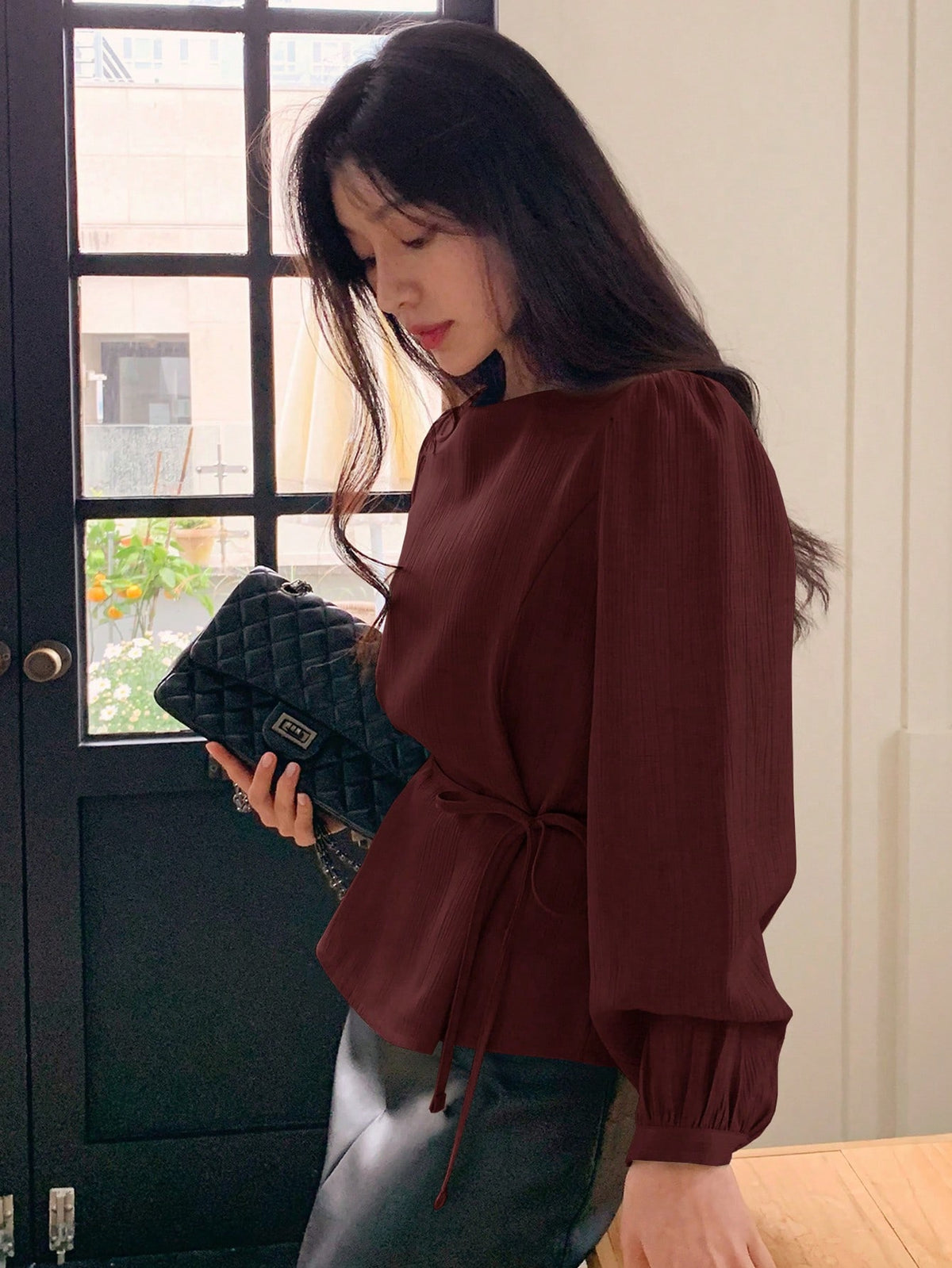 DAZY Women's Solid Color Casual Round Neck Puff Sleeve Blouse, Commuter Shirt Long Sleeve Top