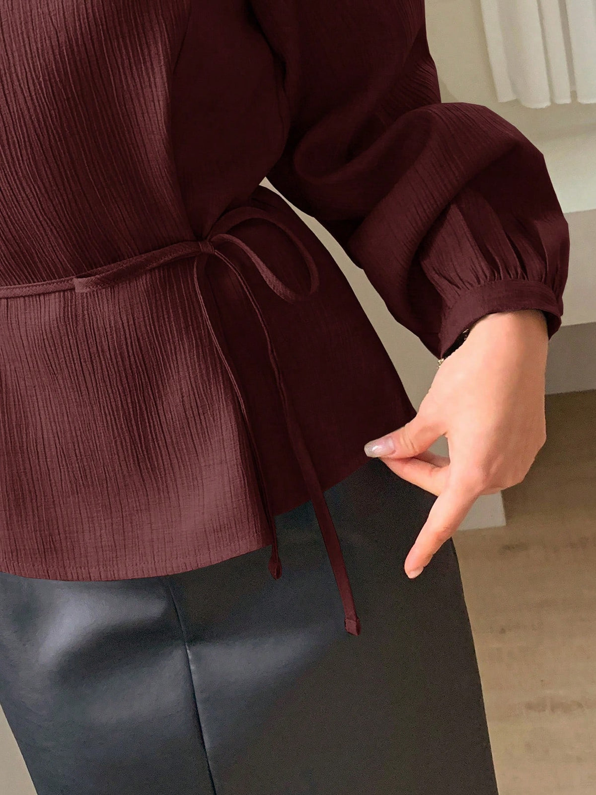 DAZY Women's Solid Color Casual Round Neck Puff Sleeve Blouse, Commuter Shirt Long Sleeve Top
