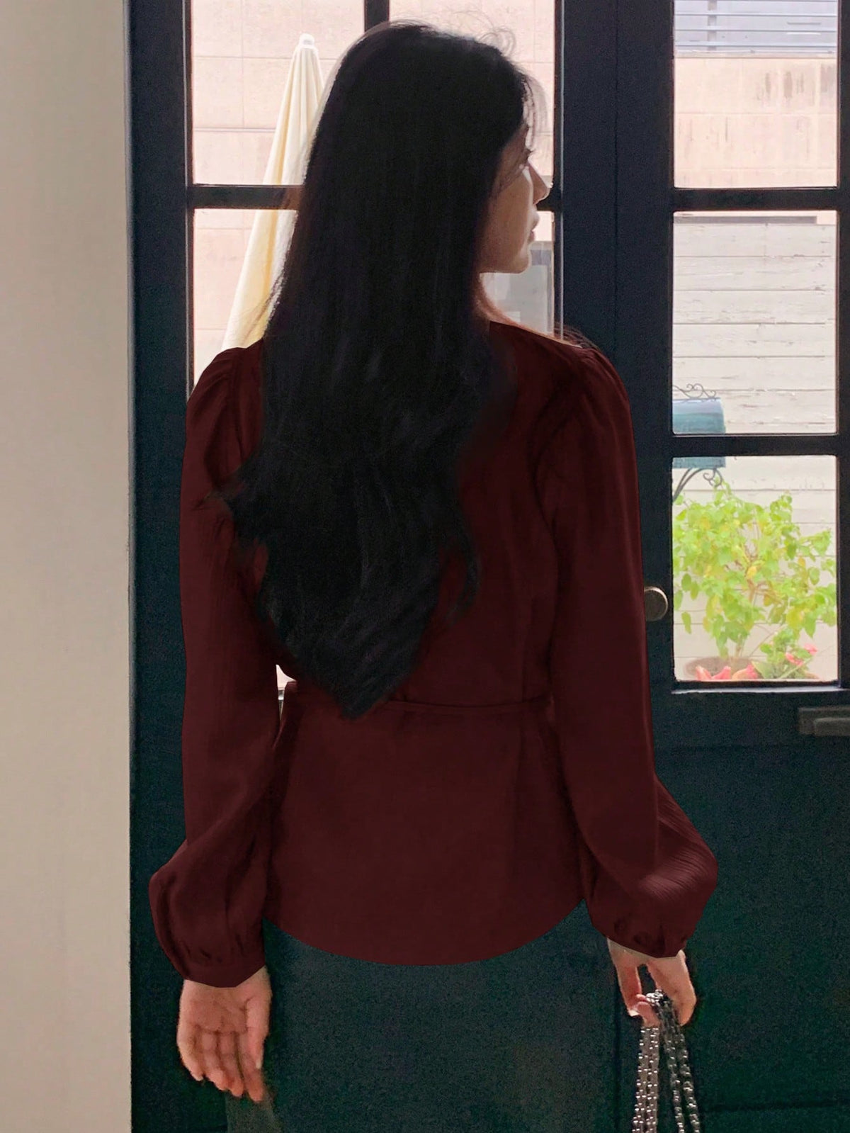DAZY Women's Solid Color Casual Round Neck Puff Sleeve Blouse, Commuter Shirt Long Sleeve Top