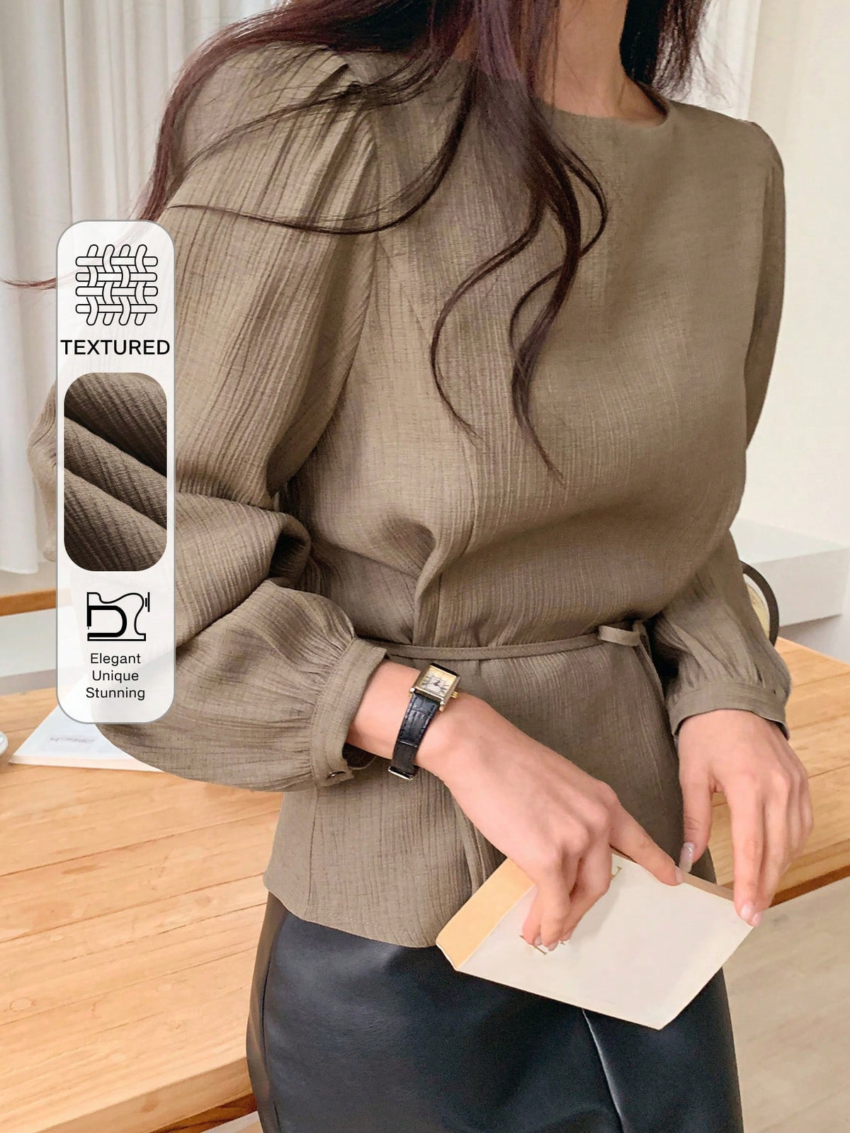 DAZY Women's Solid Color Casual Round Neck Puff Sleeve Blouse, Commuter Shirt Long Sleeve Top