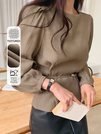 DAZY Women's Solid Color Casual Round Neck Puff Sleeve Blouse, Commuter Shirt Long Sleeve Top